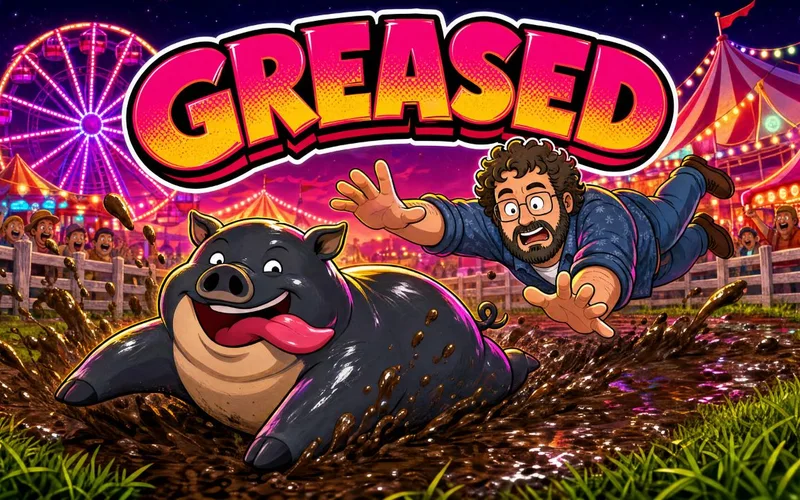 Greased — a pig dashes through a county-fair obstacle course