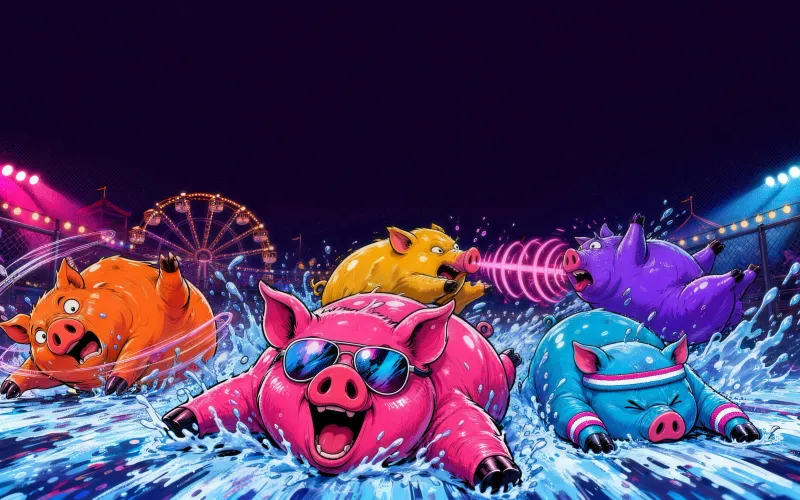 The Oinkening — five cartoon pigs slide and blast each other across a muddy pen