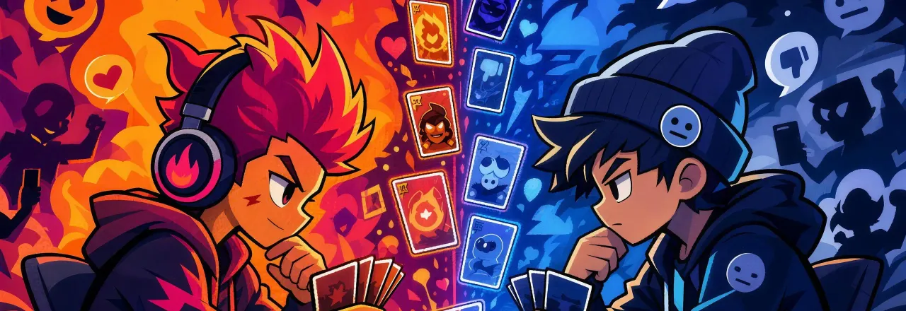 POSTING — players battle with cards over a glowing social feed